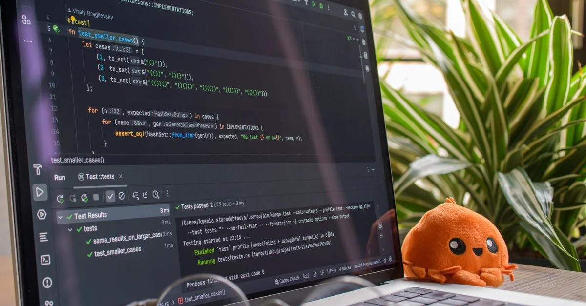 Un ordinateur portable affichant du code dans un cadre intérieur moderne avec un jouet en peluche orange à proximité.