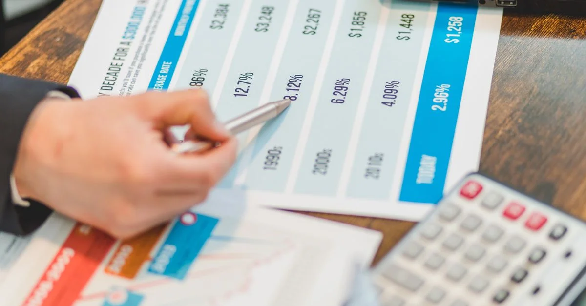 Gros plan sur des documents financiers avec des graphiques et une calculatrice utilisés pour l'analyse commerciale.