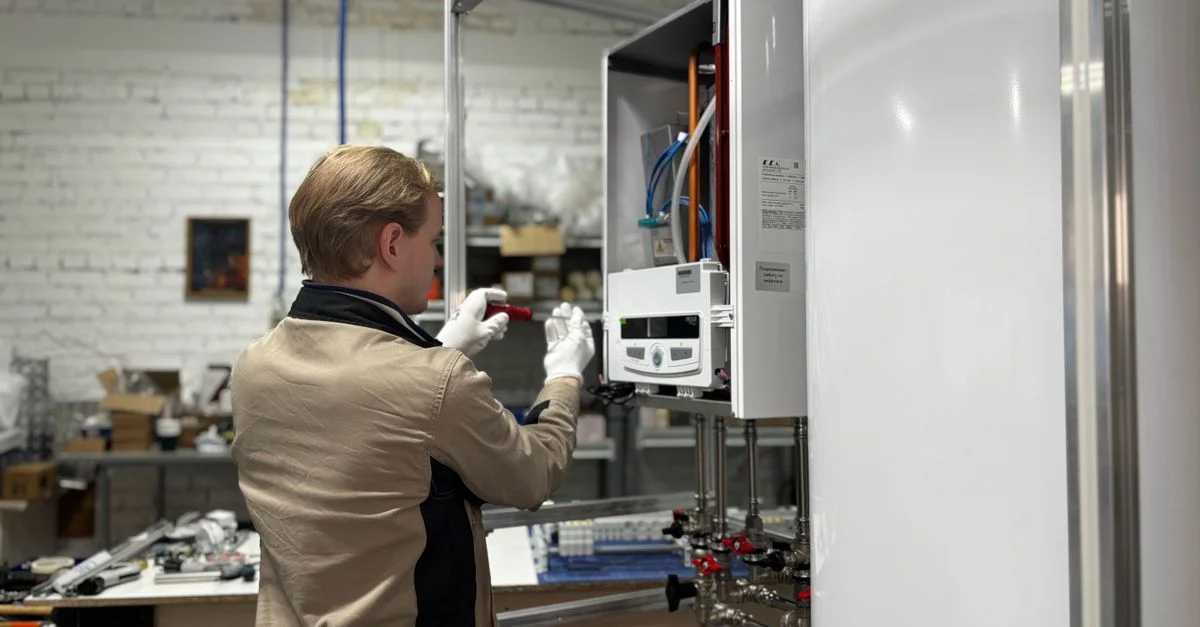 Un technicien inspecte et répare un système de chauffage dans un atelier industriel.